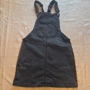 Tinseltown Black Denim Overall Dress with Leopard Trim